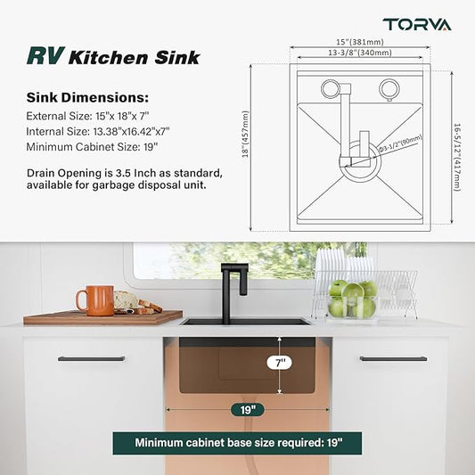 TORVA RV Kitchen Sink, 15 x 18 x 7 Inch Undermount Bar Sink 16 Gauge Stainless Steel Single Bowl Sink with Foldable Faucet Cutting Board, Dark Grey