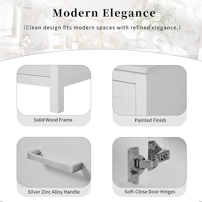 Favfurish 24" Modern Bathroom Vanity with Ceramic Sink, Freestanding Storage Cabinet w/2 Soft-Close Doors & 1 Drawer, Double-Layer Door Shelf, Solid Wood Frame for Small Bathrooms, Easy Assembly,White