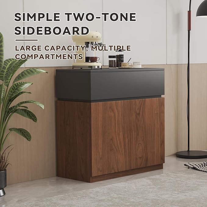 31.5"Buffet Cabinet with Drawers & Door, Modular Stackable Sideboard Coffee Bar Cabinet with Adjustable Shelves, Matte Gray Walnut Storage Accent Credenza for Living/Dining Room Kitchen Hallway