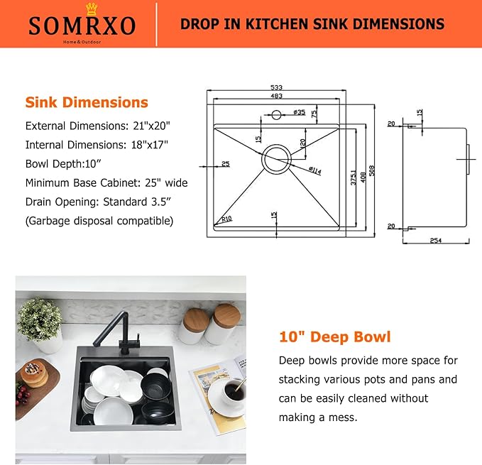 21x20 Black Bar Sink Drop In - 16 Gauge Black Stainless Steel Small Kitchen Sink, 10" Deep Single Bowl Workstation Sinks with Accessories for RV, Outdoor Kitchen & Wet Bar