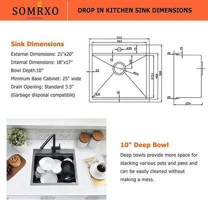 21x20 Black Bar Sink Drop In - 16 Gauge Black Stainless Steel Small Kitchen Sink, 10" Deep Single Bowl Workstation Sinks with Accessories for RV, Outdoor Kitchen & Wet Bar