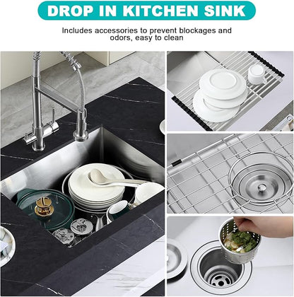 Brushed 24 Inch Undermount Kitchen Sink, 18 Gauge 304 Stainless Steel Single Bowl with Bottom Grid & Roll-Up Drying Rack, 9" Deep Utility Sink for Laundry, Kitchen, Bar
