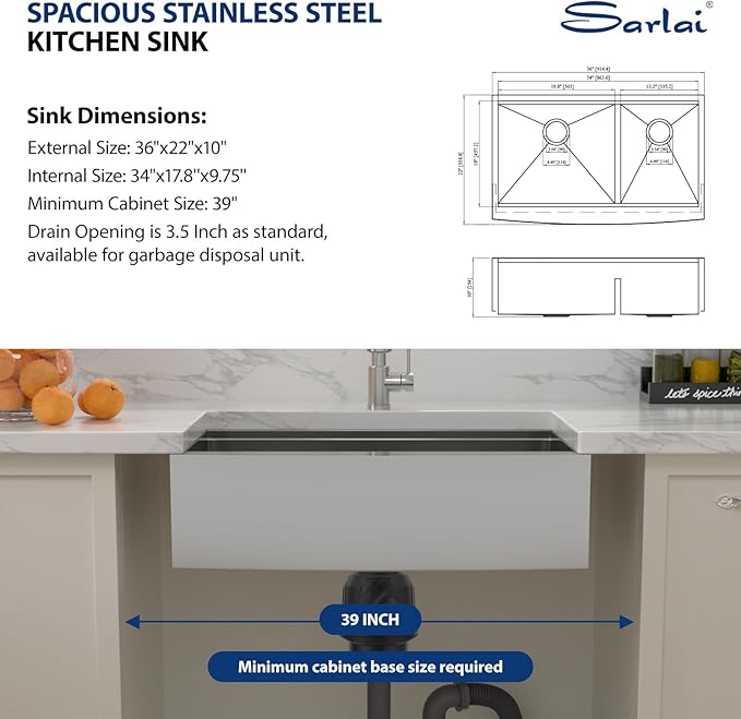 Sarlai 36 Farmhouse Kitchen Sink Double Bowl - 36 x 22 Inch Apron Front Stainless Steel 16 Gauge Ledge Workstation Farmer Sink Undermount Low Divide 60/40 Double Basin Under Counter Kitchen Farm Sinks