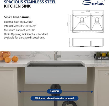 Sarlai 36 Farmhouse Kitchen Sink Double Bowl - 36 x 22 Inch Apron Front Stainless Steel 16 Gauge Ledge Workstation Farmer Sink Undermount Low Divide 60/40 Double Basin Under Counter Kitchen Farm Sinks