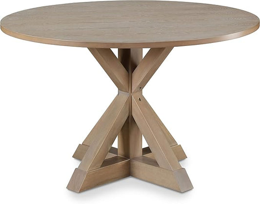 Finch Alfred Solid Wood Round Dining Table for 4, Farmhouse Kitchen and Dining Room Table with Rustic Pedestal Trestle Base, 46.5 Inch, Distressed Beige