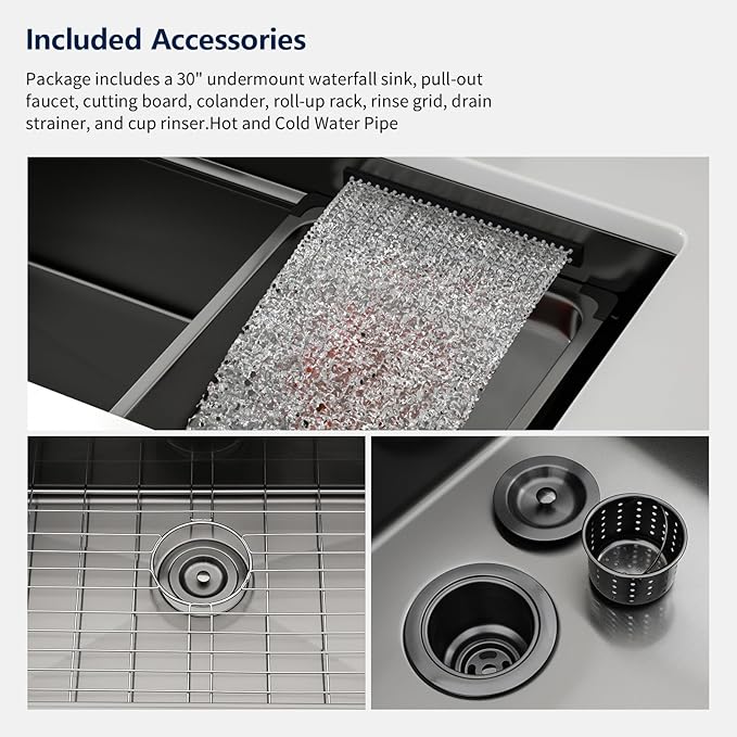 Logmey 30" Undermount Waterfall Sink with Pull-out Faucet & Temperature Control Knob,Nano PVD Gunmetal Black 30x17 Double Step Workstation Kitchen Sink,16 Gauge All in One Single Bowl Sinks