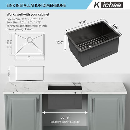 Kichae 21 Laundry Sink Undermount Black - 21x18 Inch Undermount Utility Sink Stainless Steel 12" Deep Single Bowl Under Counter Laundry Utility Room Handmade Basin