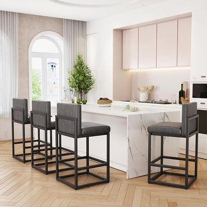 Barstools Set of 4 Grey Metal Bar Stools Modern Bar Chairs Pu Leather for Kitchen Island Counter Height Cafe Resturant Stools, 26 Inch