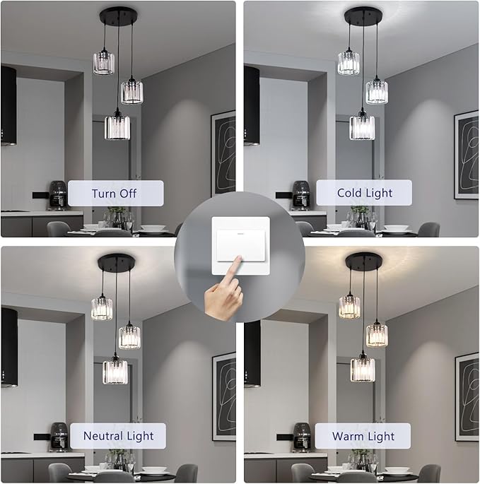 Modern Crystal Chandelier Round Ceiling Pendant Lights, Height Adjustable Crystal Hanging Light Fixtures for Kitchen Island, Chandeliers for Dining Room,Foyer,Living Room Entryway Black (3 Lights)