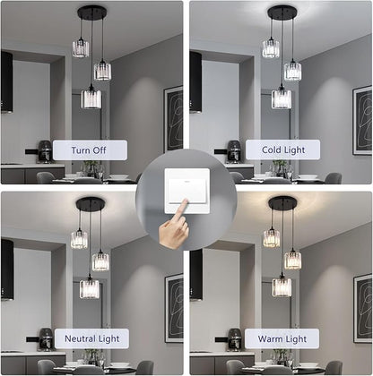 Modern Crystal Chandelier Round Ceiling Pendant Lights, Height Adjustable Crystal Hanging Light Fixtures for Kitchen Island, Chandeliers for Dining Room,Foyer,Living Room Entryway Black (3 Lights)