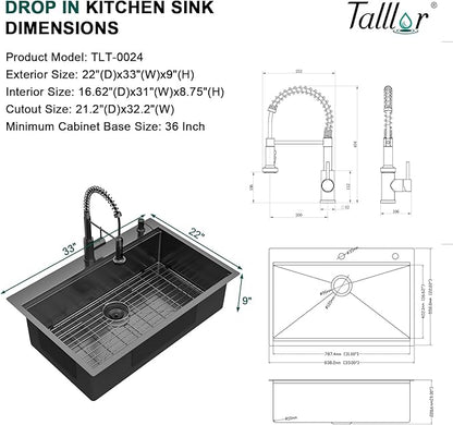 Drop In Kitchen Sink - 33x22 Drop In Gunmetal Black Kitchen Sink with Faucet Combo Workstation NANO-PVD 16 Gauge Stainless Steel Topmount Single Bowl Sinks Round Corners #TL-FDOE00097