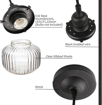 Yosoan Indoor Vintage Edison Hanging Pendant Light, 1-Light Hardwired Modern Vanity Light Industrial Semi Flush Mount Lamp Striped Ribbed Glass Shade for Kitchen Table Bar Island(Black)