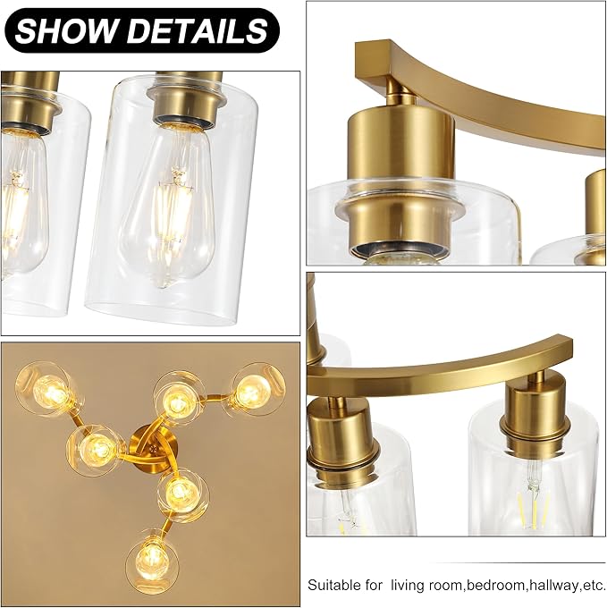 CNRATYE 6-Light Gold Chandeliers for Dining Room, Modern Kitchen Island Light Fixtures Over Table, Metal Hanging Pendant Lighting for Living Room Stairwell Entryway Bedroom, Clear Glass Shade