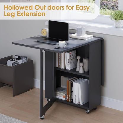 LotFun Folding Dining Table with 6 Wheels, 2-Layer Storage Shelf & Drawer, Space Saving Farmhouse Kitchen Table for Small Spaces
