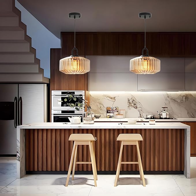 11-Inch Vintage Industrial Ribbed Glass Pendant Light Adjustable Height E26 Hanging Light for Kitchen Island Dining Room Bedroom Living Room Bar (Amber)