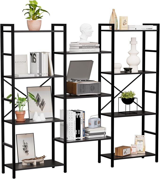GRUSIGN Triple 4 Tier Book Shelf, Modern Bookcase Shelf, Freestanding Large Display Shelves for Living Room/Office/Garage, Stable Large Bookshelf with Storage for Books/LEGO/Plants, Black