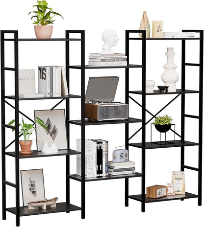 GRUSIGN Triple 4 Tier Book Shelf, Modern Bookcase Shelf, Freestanding Large Display Shelves for Living Room/Office/Garage, Stable Large Bookshelf with Storage for Books/LEGO/Plants, Black