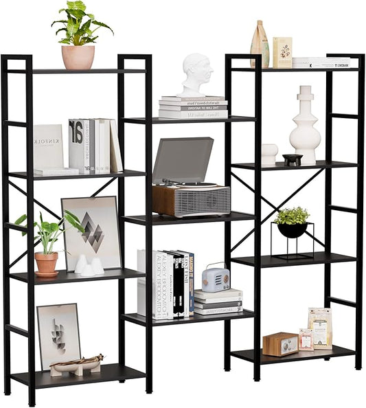 GRUSIGN Triple 4 Tier Book Shelf, Modern Bookcase Shelf, Freestanding Large Display Shelves for Living Room/Office/Garage, Stable Large Bookshelf with Storage for Books/LEGO/Plants, Black