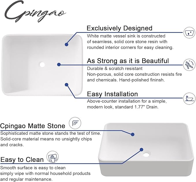 Cpingao Rectangular Vessel Sink, 24" X 16" White Stone Resin Modern Above Counter Bathroom Vanity Vessel Sink