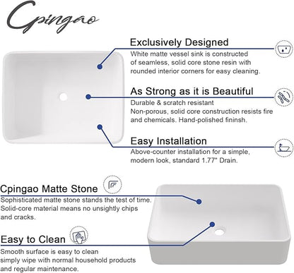 Cpingao Rectangular Vessel Sink, 24" X 16" White Stone Resin Modern Above Counter Bathroom Vanity Vessel Sink