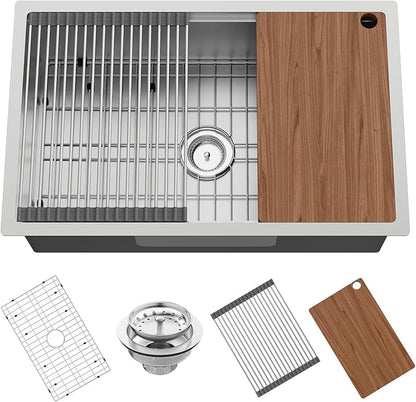Kitchen Sink Workstation,30 x 19 Inch Stainless Steel Undermount Single Bowl Kitchen Sink Built-in Ledge Drop In Workstation Sink Nice For Placing/Sliding Accessories-Cutting Board,Drying Rack ...