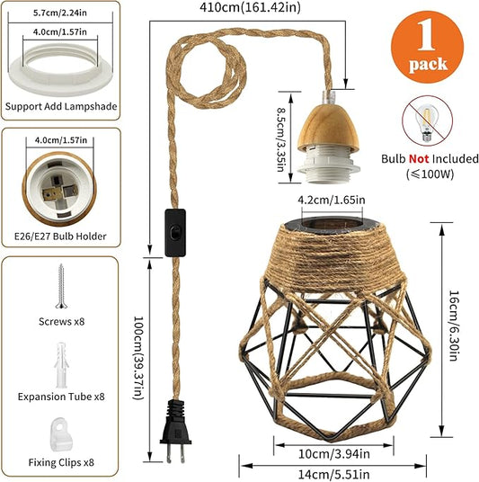 Industrial Hemp Rope Pendant Light Fittings, 16.7FT Vintage Pendant Light Cord Kit with 14x16 cm Metal Lampshade, Rustic Hanging Lights with Plug in Cord, E26 E27 Light Socket, for Living Room