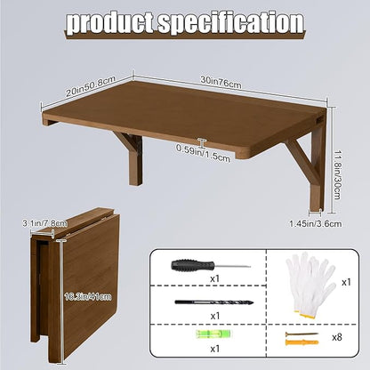 MM MELISEN Floating Desk - 30x20 Inch, Walnut Finish Wall-Mounted Desk for Home Office or Bedroom Work. Solid Wood Drop-Leaf Design. Folds up neatly for Small Space Living