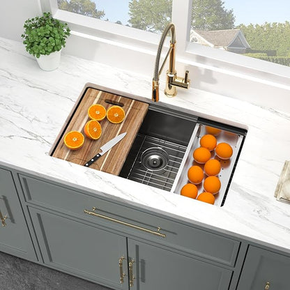 Kichae 28 Black Kitchen Sink Undermount Workstation - 28x18 Gunmetal Black Stainless Steel Undermount Kitchen Sink 16 Gauge Deep Single Bowl Basin Round Corner