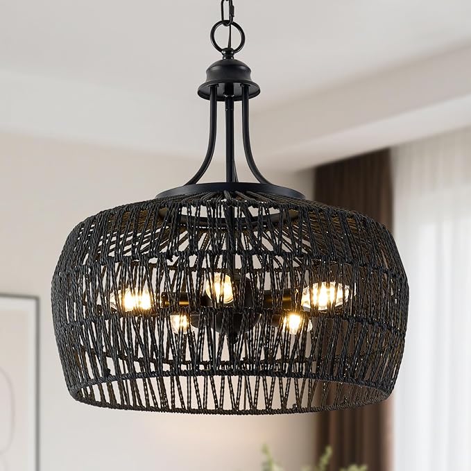 Kitchen Island Light Fixtures, 5-Light Rustic Ceiling Fixture with Twine Making Lampshade, Adjustable Height Boho Light Fixture, Vintage Pendant Lighting for Kitchen, Bedroom (Balck)