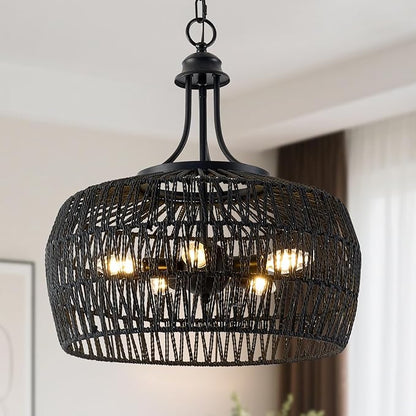 Kitchen Island Light Fixtures, 5-Light Rustic Ceiling Fixture with Twine Making Lampshade, Adjustable Height Boho Light Fixture, Vintage Pendant Lighting for Kitchen, Bedroom (Balck)