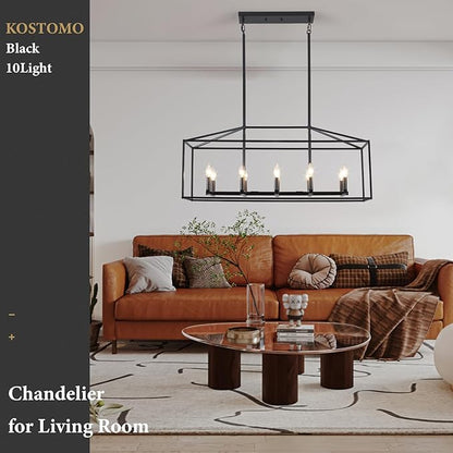 Dining Room Light Fixtures 10-Light Kitchen Island Light Modern Farmhouse Chandeliers Adjustable Height Rectangle Large Chandelier Modern Ceiling Light Black Pendant Light