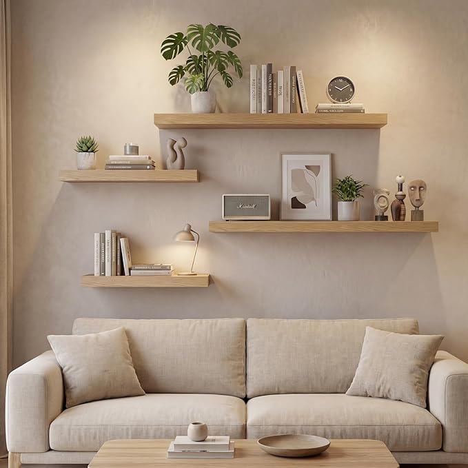 INHABIT UNION Oak Floating Shelves Set of 2，35.43in Wall Mounted Display Ledge Shelves for Bedroom, Bathroom, Living Room and Kitchen Decoration Storage