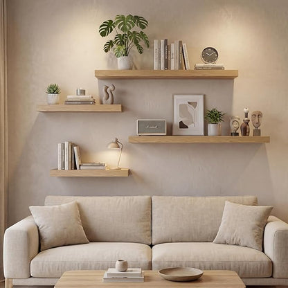 INHABIT UNION Oak Floating Shelves Set of 2，35.43in Wall Mounted Display Ledge Shelves for Bedroom, Bathroom, Living Room and Kitchen Decoration Storage