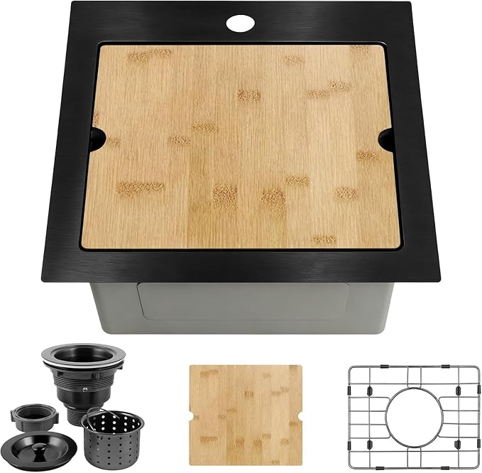 15 Inch Black Sink Drop In, 16 Gauge 304 Stainless Steel Workstaion Kitchen Sinks with Ledge & Accessories, 15" x 15" x10" Deep Bowl For Outdoor, RV,Prep Sink, and Wet Bar