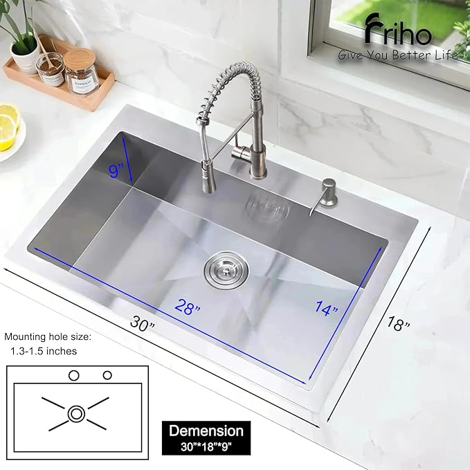 Friho 30 Inch Drop in Kitchen Sink, 30x18 Top Mount Commercial Handmade 18 Gauge Single Bowl Stainless Steel Sink With Dish Grid and Basket Strainer