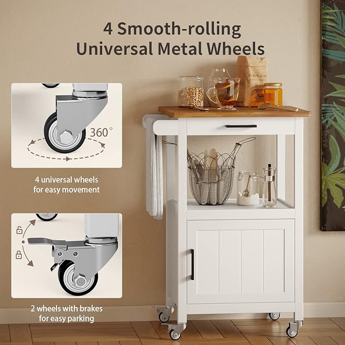 Qsun Kitchen Cart with Drawer, Small Kitchen Island on Wheels, Microwave Cart, Small Home Coffee Bar, Microwave Stand, Rolling Kitchen Island Cart with Side Hook, White