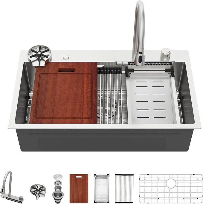 Sarlai Waterfall Kitchen Sink - 33 Inch Drop In Workstation Sink With Waterfall Stainless Steel 16 Gauge Multifunction Single Bowl Smart Top Mount Kitchen Sinks with Mechanical Keys 33x19x9 Inch