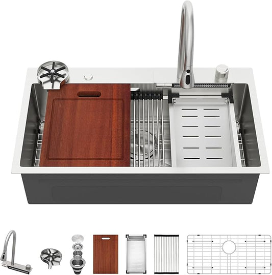 Sarlai Waterfall Kitchen Sink - 33 Inch Drop In Workstation Sink With Waterfall Stainless Steel 16 Gauge Multifunction Single Bowl Smart Top Mount Kitchen Sinks with Mechanical Keys 33x19x9 Inch