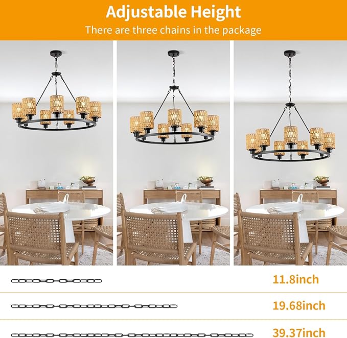 9-Light 32" Boho Rattan Chandeliers for Dining Room,Farmhouse Wagon Wheel Chandeliers,Adjustable Height Hanging Round Pendant Lighs for Kitchen Island,Wicker Lampshade Chandelier Light Fixture