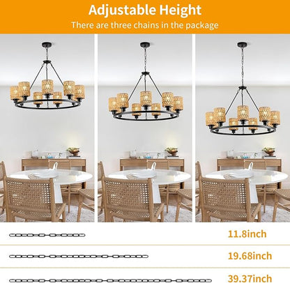 9-Light 32" Boho Rattan Chandeliers for Dining Room,Farmhouse Wagon Wheel Chandeliers,Adjustable Height Hanging Round Pendant Lighs for Kitchen Island,Wicker Lampshade Chandelier Light Fixture