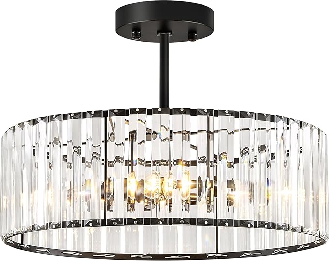Pevfah Crystal Black Ceiling Light, Modern Semi Flush Mount Ceiling Lighting Fixture, Round Hallway Lighting Fixtures Chandelier for Kitchen Entryway Bedroom Dining Room, 3-Light, 15.7 Inch
