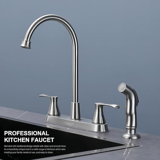 Kitchen Faucet with Side Sprayer, Brushed Nickel 2-Handle Faucet for 4 Holes Kitchen Sink