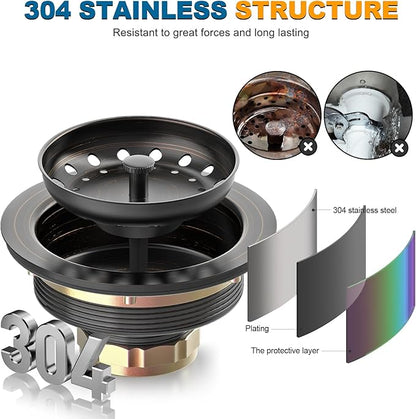 BOTEMY Stainless Steel Bronze Sink Drain Strainer Kit 3-1/4 inch Kitchen Drain Assembly with Metal Center Knob Basket Stopper Replacement for Standard Kitchen Sinks, Oil Rubbed Bronze