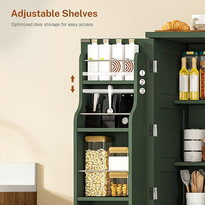 TEENFON 51" H Pantry Cabinet with 4 Doors, Kitchen Cabinet with 6 Door Shelves, Kitchen Pantry for Living Room, Dining Room, Bathroom, Green