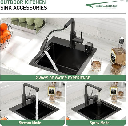 Outdoor Sink and Faucet 15 Inch Drop In Bar Sink Workstation 16 Gauge Stainless Steel Single Bowl Small Outdoor Kitchen Sink Basin With Pull-out Faucet 15x15x9 Inch
