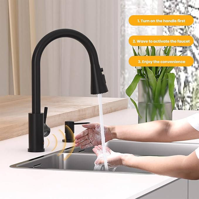 Touchless Kitchen Faucet with Pull Down Sprayer, Kitchen Sink Faucet with Soap Dispenser,Single Handle Hands-Free Sensor Fits 1 to 4 Hole Sinks,Stainless Steel Matte Black