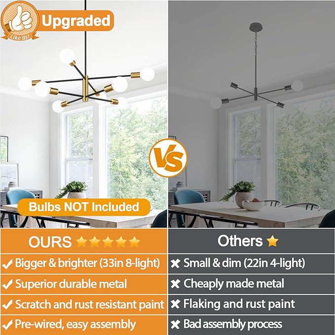MQMQA Sputnik Chandeliers Dining Room Light Fixture (8-Light, 30-Inch), Modern Brushed Gold and Black Chandelier, Height Adjustable Mid Century Modern Chandeliers for Dining Room (Bulbs Not Included)