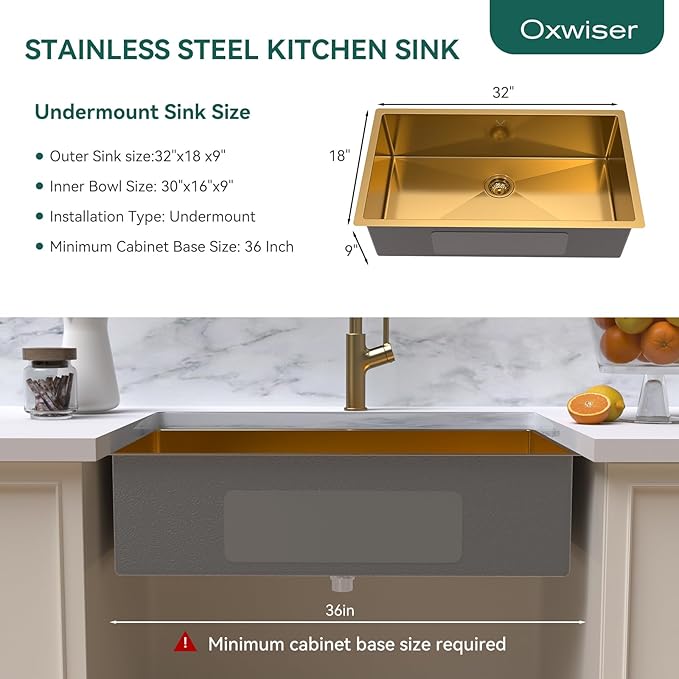 Gold Kitchen Sink 32x18 Inch Undermount Kitchen Sink 16 Gauge Stainless Steel Single Bowl with Accessories Round Corners Handmade