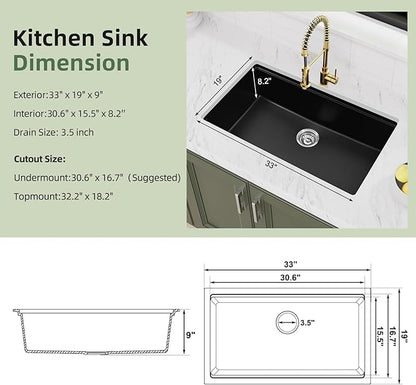 Davivy 33 Inch Black Granite Kitchen Sink Workstation, 33 x 19 Black Undermount Kitchen Sink, Dual Mount Installation, Deep Quartz Composite Single Bowl with Accessories