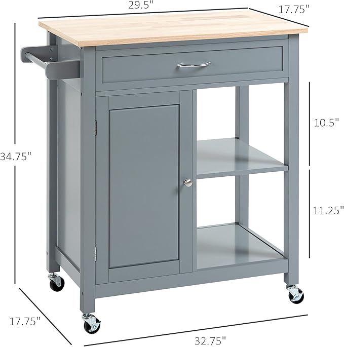 Kitchen Island Cart, Rolling Kitchen Island with Storage Shelf, Solid Wood Top, Drawer, for Dining Room, Gray